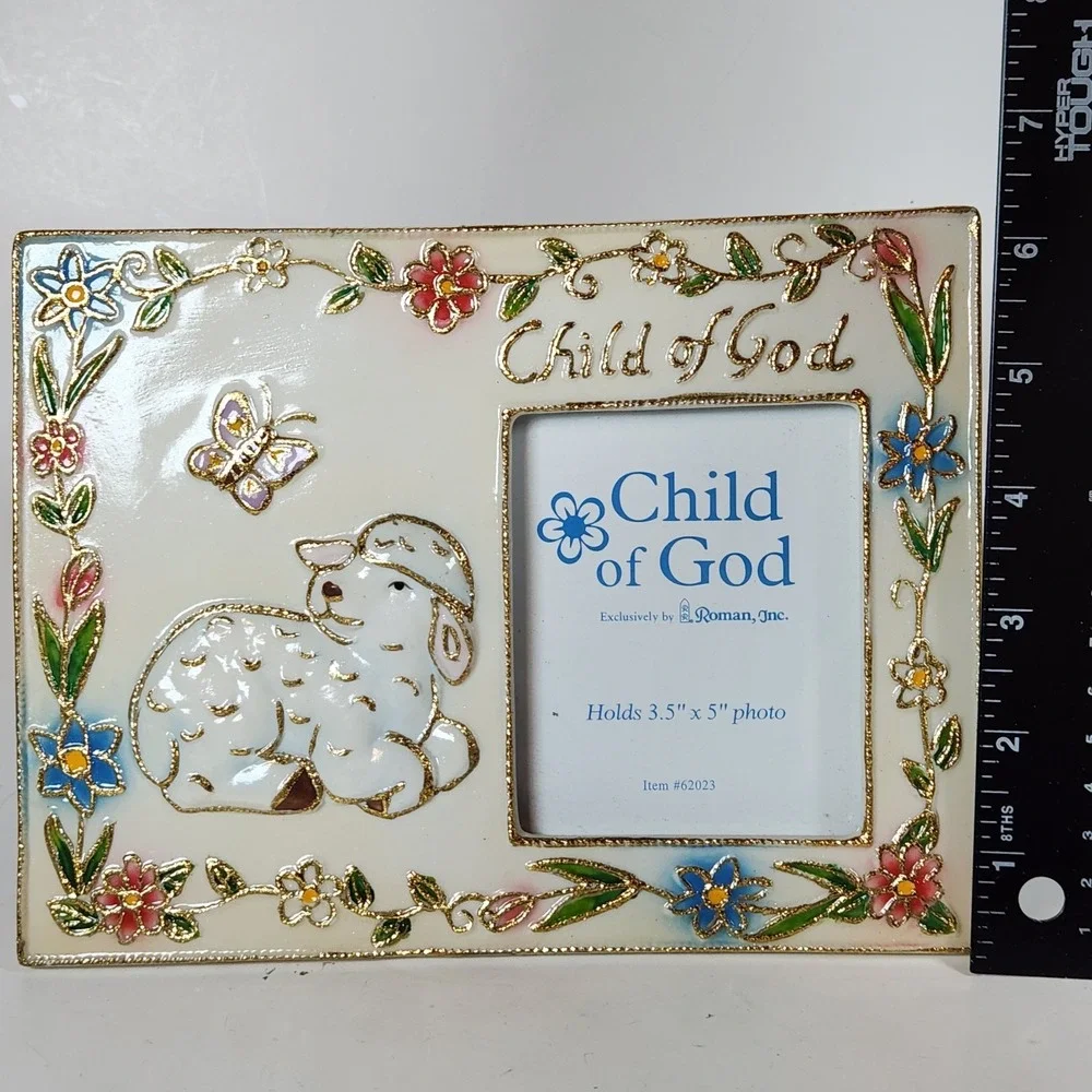 Enamel Child Of‎ God Picture Frame Floral Lamb  3.5x5 Photo Baby Nursery Retro